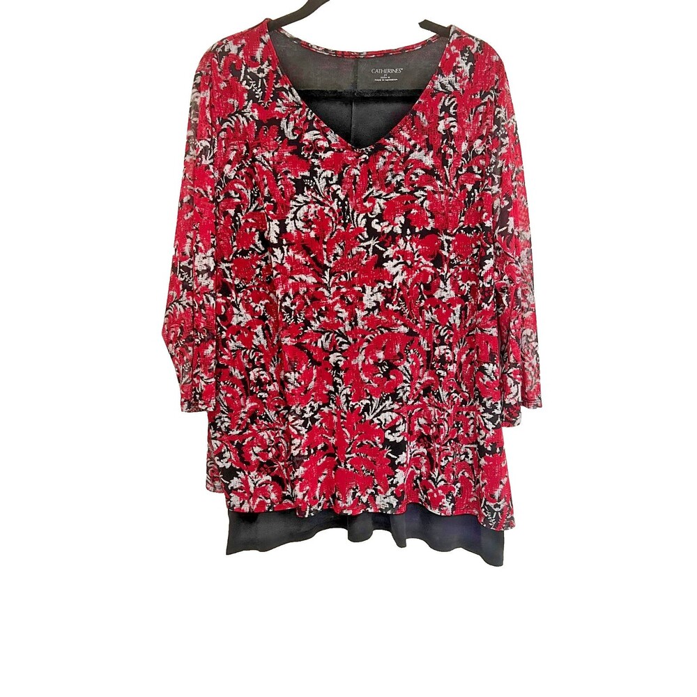 Catherines Red & Black Floral Blouse, 2 Tier, 3/4 Sleeves, Flowy Breezy Classic
